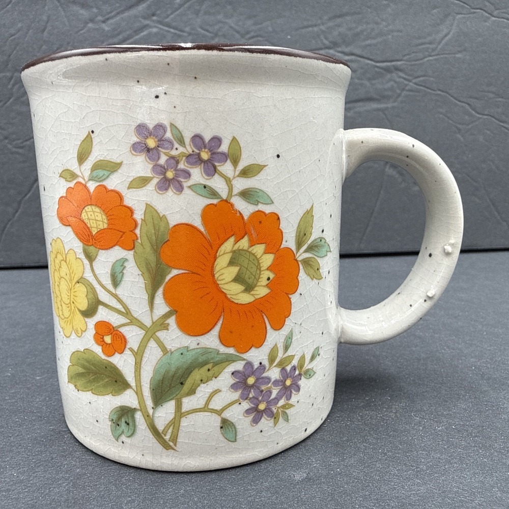 Vintage Speckled Stoneware Coffee Mug With Yellow Orange flowers - Japan